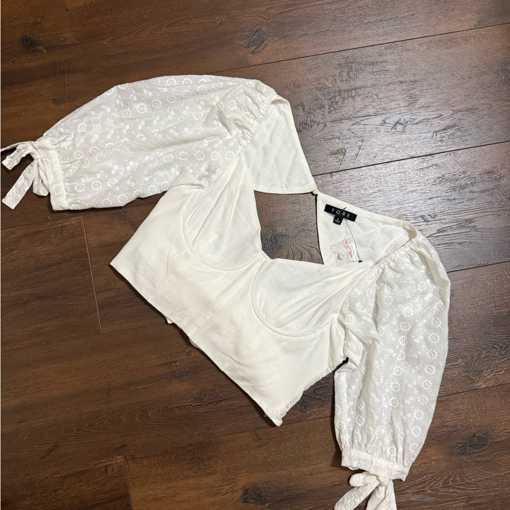 FORE collection Crochet Tie Back Crop Top w Puff Sleeves Open Back
